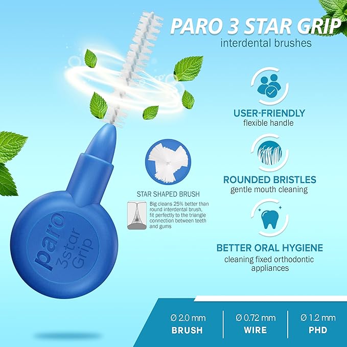 Paro Swiss 3Star-Grip Interdental Brushes – X-Fine, Triangular, Blue, 3.5mm, 4x1 Pack – Deep Between Teeth Cleaning