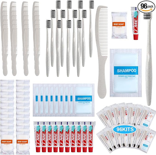 Hushee 96 Sets Bulk Hygiene Kit for Homeless, Includes Shampoo Soap Bar Comb Toothbrushes with Toothpaste Individually Wrapped Basic Toiletry Kits for Travel Charity Hotel Hospitality Industries