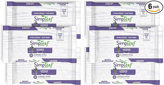 Simpleaf Flushable Wet Wipes Lavender | Plastic Free, Paraben & Alcohol Free | Hypoallergenic & Safe for Sensitive Skin | Soothing Aloe Formula | Adult Toilet Wipes (6 x 50 Counts Pack) 300 Counts