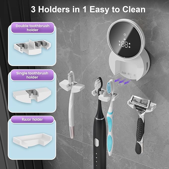 Toothbrush Holder and Cleaner Razor Holder and Dryer Auto Open/Close Cover Rechargeable Wall-Mounted Suitable for Most Toothbrushs