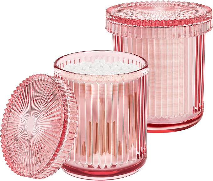 2 Pack Qtip Holders for Bathroom, Clear Glass Apothecary Jars with Lids,Vintage Bathroom Canisters for Cotton Balls,Swabs,Floss Picks,Hair Ties,Vanity Organizer and Storage Decor (Pink)