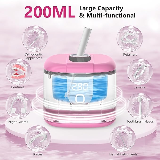 Sejoy 45kHz Ultrasonic Retainer Cleaner, U-V Double Denture Cleaning Machine with Digital Timer, Cleaner for Braces, Mouth Guards, Rings, Toothbrush