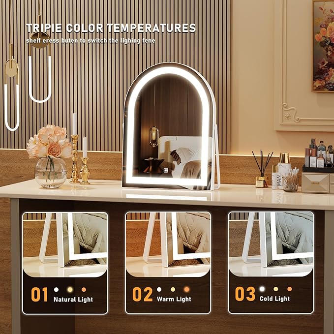 Vanity Mirror with Lights, 16" Light Up Makeup Mirror, LED Makeup Mirror with Lights for Bedroom Tabletop, Smart Touch Control 3 Colors Dimmable, 360° Rotation Gold