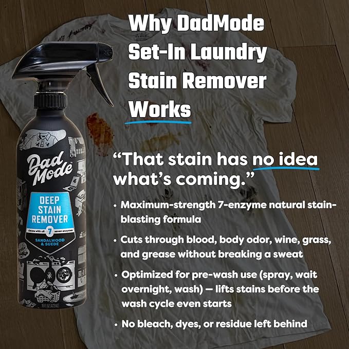 DadMode 7-Enzyme Laundry Stain & Odor Destroyer – Deep Cleaner for Extreme Clothing Messes - Masculine Sandalwood & Suede Scent, 16oz Refillable Bottle