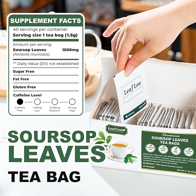 LeafLea 120 Soursop Tea Bags, from 100% Natural Pure Soursop Graviola Leaves, Improve Digestion, Support Healthy Skin & Sleep, Herbal Tea Caffeine-free, Hojas De Guanabana Tea, Non-GMO, Pack of 3