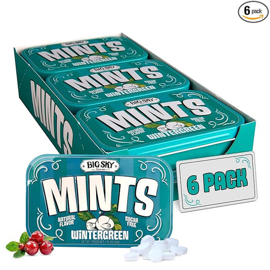 Big Sky Sugar Free Wintergreen Mint Candy, 50g Tin - 6 Count Display Tray