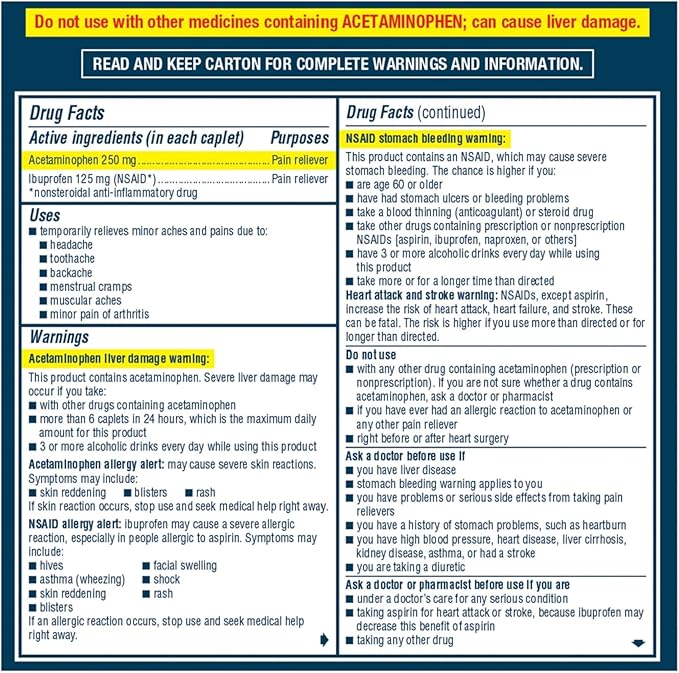 Advil Dual Action Coated Caplets with Acetaminophen, 250 Mg Ibuprofen and 500 Mg Acetaminophen per Dose (2 Dose Equivalent) for 8 Hour Pain Relief - 216 Count