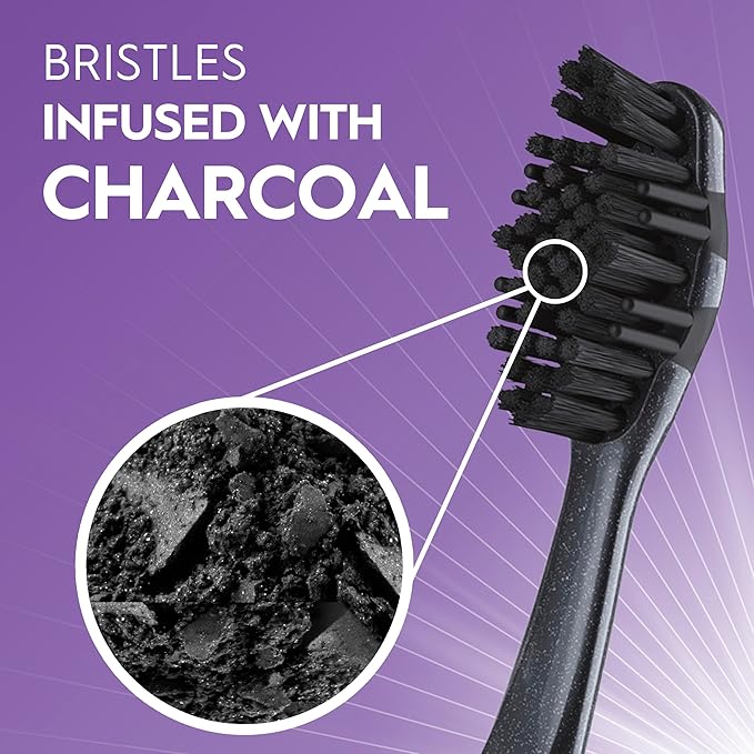 Oral-B 3D White Charcoal toothbrush, 2 count SOFT manual tootbrush pack, Whitens teeth, removes plaque and stains, tongue scraper tooth brush