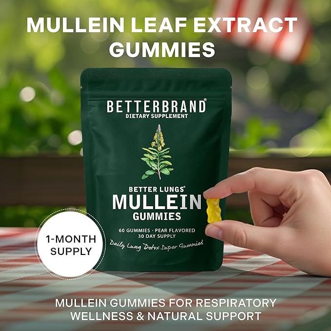 Betterbrand Mullein Chewable Gummies for Lung Cleanse and Detox, Respiratory Health Supplement, 1000mg Mullein Extract per Serving, 60 Gummies - 30 Day Supply - Pear Flavored