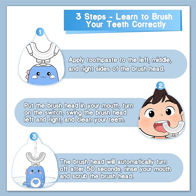 Kids Electric U Shaped Toothbrush, Sonic Automatic Toothbrush Kids with 4 Brush Heads, 3 Cleaning Modes, Cartoon Dinosaur IPX7 Waterproof 360º Round Toddler Electric Toothbrush(Blue, Ages 2-12)