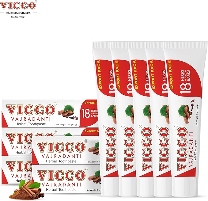 Vicco Vajradanti Ayurvedic Herbal Toothpaste by Vicco – 70 Year Legacy of Ayurveda, with 18 Ayurvedic Herbs & Barks, 100% Natural, Vegan, Fluoride-Free & Cruelty-Free – 3.53 oz (5 Pack)