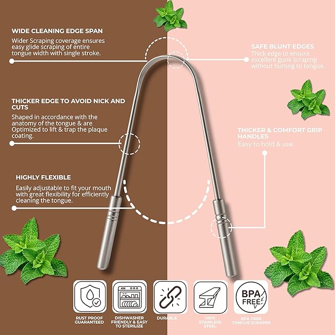 Tongue Scraper, 100% Stainless Steel Tongue scraper for Adults And Kids, Professional Tongue cleaner for Oral Care, Improve Bad Breath and Hygiene (4 scraper with 2 travel case)