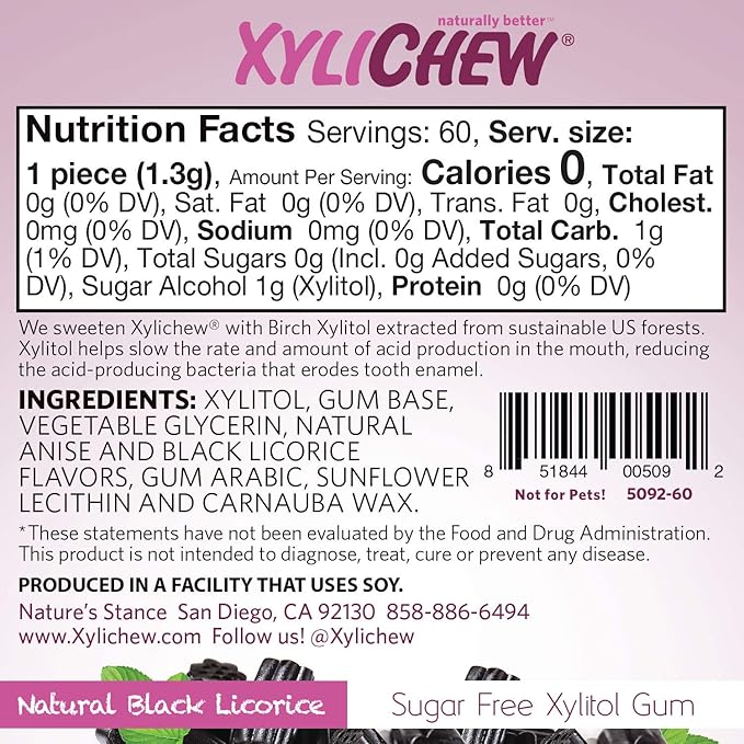Xylichew 100% Xylitol Chewing Gum - Non GMO, Non Aspartame, Gluten Free, and Sugar Free Gum - Natural Oral Care, Relieves Bad Breath and Dry Mouth - Licorice, 60 Count