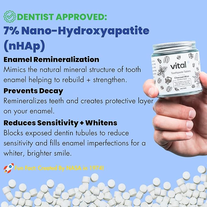 Vital Toothpaste Tabs with Nano-Hydroxyapatite | Naturally Whitens + Remineralizes Teeth | Fluoride & Plastic Free | Combats Sensitivity | Travel & Eco Friendly | Charcoal Mint | 62 Tablets (1 Month)