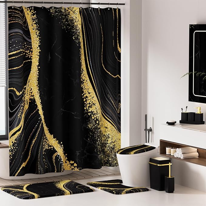 25PCS Bathroom Accessory Set, Black Bathroom Set with Large-Capacity 4 Gallon Trash Can,Bathroom Sets with Shower Curtain and Rugs, Bathroom Rugs Set, Home Decor