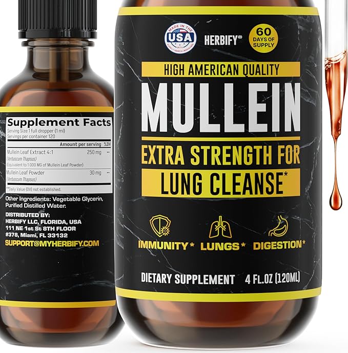HERBIFY Mullein Drops - Lung Cleanse - Leaf Extract - Powerful Mullein for Immune Support,Detox & Respiratory Support - Made in USA - Lung Cleanse for Smokers - 4 Oz