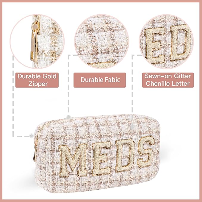 Personalized Chenille Letter Patch Checkered MEDS Bag,Cute Plaid Patter Drug Medicine Travel Makeup Bag with Zipper, Preppy Vitamin Organizer Bag for Women and Girls (06Beige Checkered)