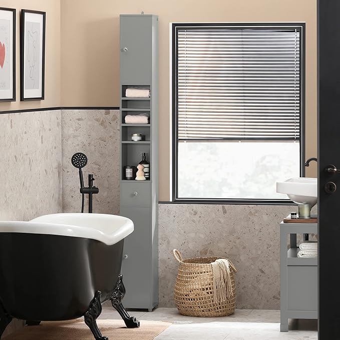SoBuy Bathroom Narrow Storage Cabinet Skinny Tall Unit with Adjustable Shelves Slender Anti-Tipping Floor Standing Cupboard, Gray BZR34-HG