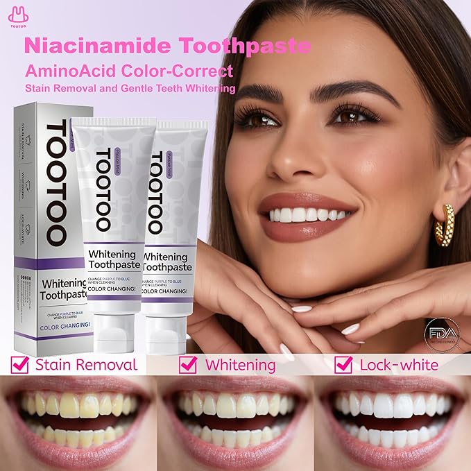 TooToo Niacinamide Whitening Toothpaste – Natural Toothpaste Fluoride Free for Stain Removal, Enamel Safe Fluoride Free for Adult Fresh Breath, 8.4oz(Pack of 2)