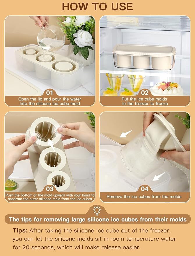 Ice Cube Tray for Tumbler Cup 30Oz-40Oz, 3 Pcs Silicone Cylinder Ice Mold with Lid and Bin for Freezer, Easy Fill and Release Ice Maker for Whiskey, Cocktail BPA-Free (White, 40Oz-Type1)
