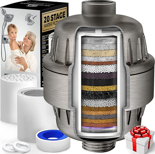 AquaHomeGroup 20 Stage Shower Head Filter with Vitamin C E A for Hard Water - High Output Filter to Remove Chlorine and Fluoride - 2 Replacement Cartridges - Consistent Flow Showerhead Filter