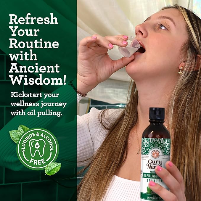 GuruNanda Starter Pulling Oil Mouthwash for Natural Teeth Whitening, Coconut and Peppermint Oil for Fresh Breath & Happy Gums, with Toothbrush & Tongue Scraper, Alcohol-Free, 8 Oz
