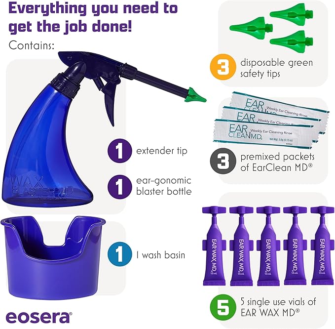 eosera® WAX BLASTER MD+ Cleaning Kit - Earwax Dissolver for Adults & Kids - Fast Acting, Doctor Recommended, Clinically Proven - Complete Irrigation Kit with 3 Ear Clean MD Packets & 5-ct Single Use Ear Wax MD Vials - Works in 15 Minutes