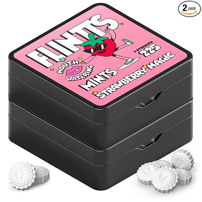 Flintts Mints Strawberry Stash – Sugar Free Mouthwatering Mints for Dry Mouth Relief & Freshness – Vegan Oral Health Support with Sparkle Effect – Pocket Travel Saliva Substitute, Lozenges Alternative, 2 Refill Packs