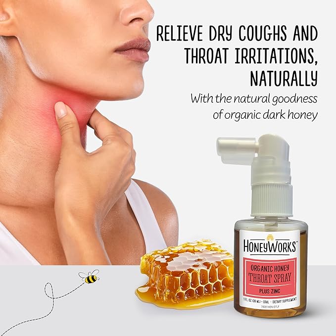 HoneyWorks Adult Throat Spray for Sore Throat Relief, 1 Oz (Pack of 2) Soothing Non-GMO USDA Organic Dark Honey + Zinc, Fast Relief, Ages 12 Years+