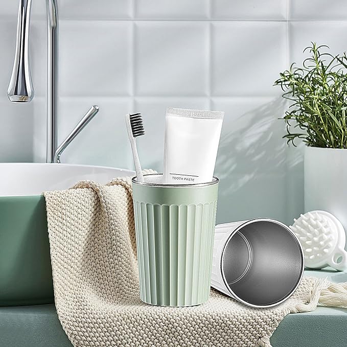 Toothbrush Holder for Bathroom-12oz Unbreakable Stainless Steel Bathroom Cup,Easy to Clean Toothbrush Cup, Reusable Bathroom Tumbler Cups for Home/School/Office(3" x 4.5" Green)