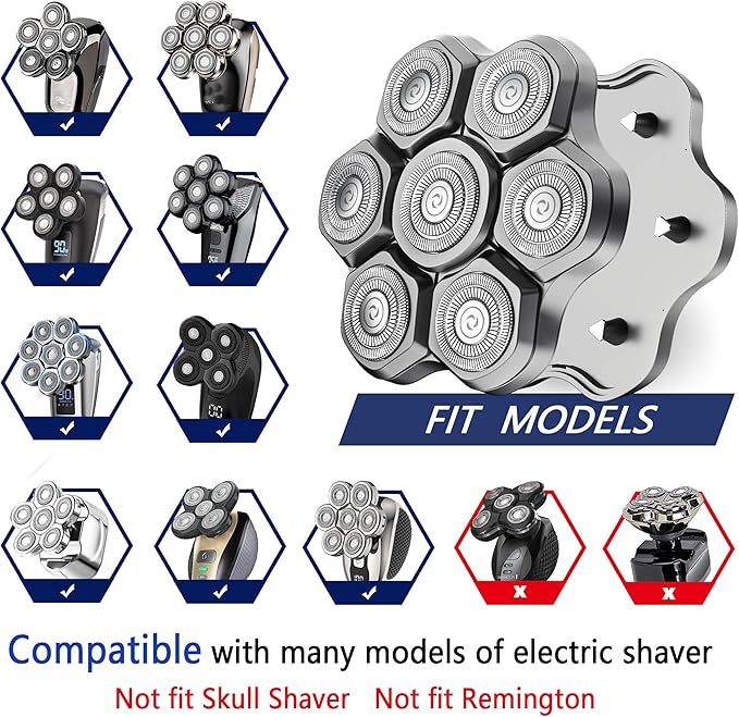 Universal Replacement Heads for Blade,Replacement Blades Compatible with Most Major Head Shaver Brands, Easy-to-Install Electric Razor Shaver Heads for Bald Men. (7 Silver Magnetic)