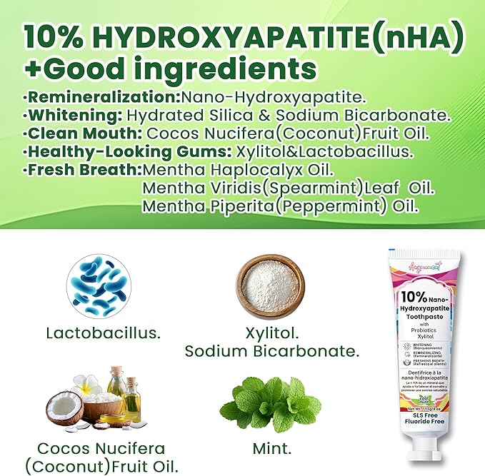 Anymoment 10% Nano Hydroxyapatite Toothpaste (Fluoride Free), Whitening*, Supports Enamel Care*, Appropriate for Sensitive Teeth*, SLS Free, Xylitol nHA Toothpaste for Adults, Mint 4oz (Pack of 2)