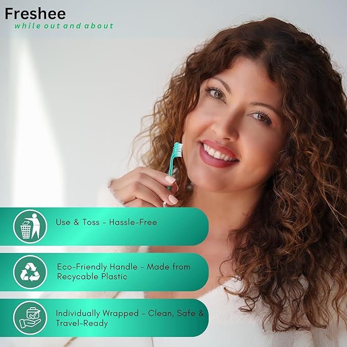 Freshee Bead -5 in 1 Disposable Mini Toothbrush with Refreshing Bead + Floss + Pick + Tongue Scraper | Travel Size | Individually Wrapped | Soft | Light Mint | Travel Set