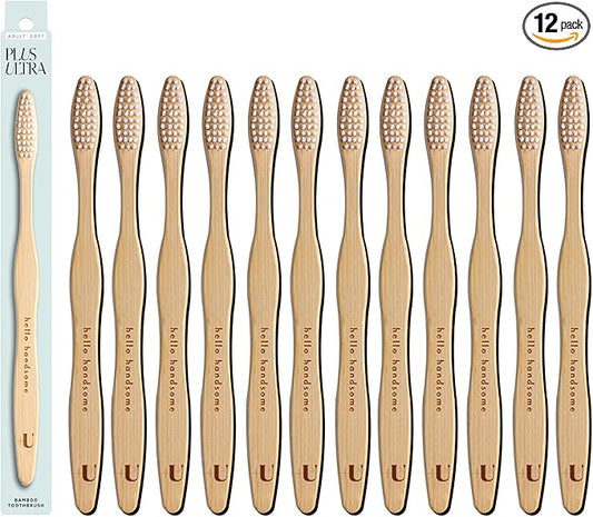 Biodegradable and Eco-Friendly Bamboo Toothbrush 12-Pack - BPA Free Soft Bristle - Dentist-Approved and All-Natural with "Hello Handsome" Etched on Handles by Plus Ultra