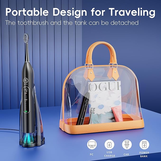 Electric Toothbrush with Water Flosser, All in One Sonic Flossing Toothbrush with 3 Modes & 5 Flossing Speeds & 4 Brush Heads, Rechargeable & Portable for Adult Teeth Cleaning,Black