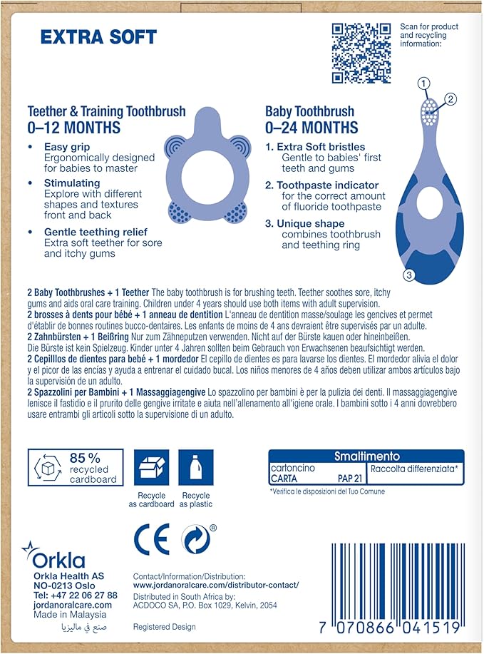 Jordan ® | Step 0 Teether & Training Toothbrush | BPA-Free, Hygienic, 2-in-1 Teething & Early Brushing Solution for Babies | Pink | 1 Teether + 2 Step 1 Baby Toothbrush