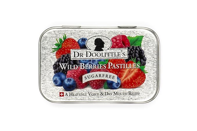 Dr. Doolittle’s Sugar Free Soft Fruit Pastilles for Voice and Throat, Wild Berries Flavor, 2.12 Ounce Tin, approximately 25 Count Package