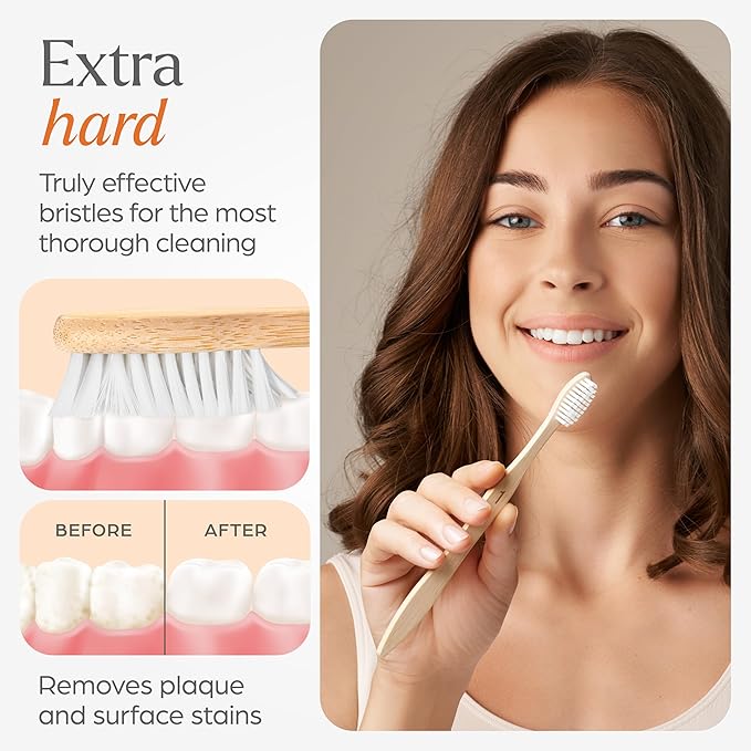Extra Hard Toothbrushes for Adults - 10 Pack - BPA Free Hard Bristle Toothbrush - Extra Firm Bamboo Toothbrushes