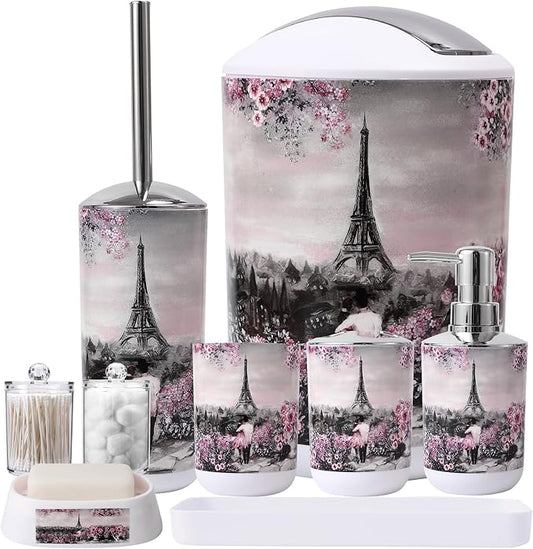 Bathroom Accessories Set Complete 9 Piece Bathroom Sets with Toothbrush Holder,Toothbrush Cup,Lotion Soap Dispenser,Soap Dish,Toilet Brush,Trash Can,Qtip Holder
