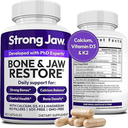 Bone & Jaw Restore – Calcium Supplements with Vitamin D3, K2 & Magnesium | Non-GMO | Bone Builder & Nutrition Support for Women & Men | Density Support Formula | 180 Capsules Bottle
