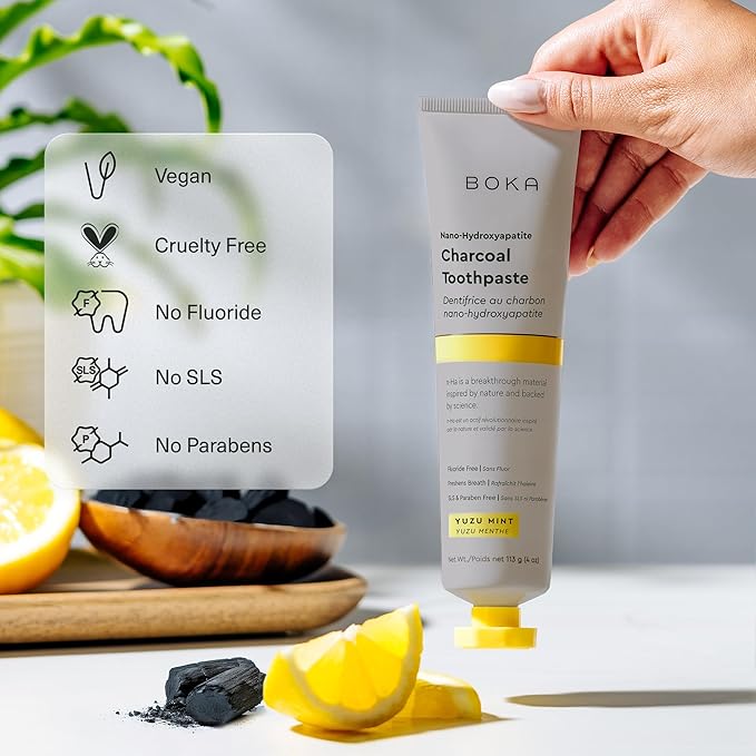 Boka Fluoride Free Toothpaste, Nano Hydroxyapatite Toothpaste, Appropriate for Sensitive Teeth - for Adult, Kids Oral Care - Charcoal Yuzu Mint Flavor, 4 Fl Oz 3Pk US Manufactured