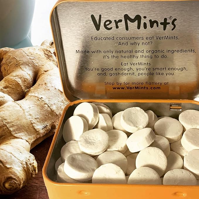 VerMints Organic Breath Mints GingerMint - Real Ginger Flavored Candies - Travel Size Tin - Non-GMO, Nut Free, Gluten Free, Vegan, Kosher Organic Candy Mints - 1.41oz Tins (Pack of 6)