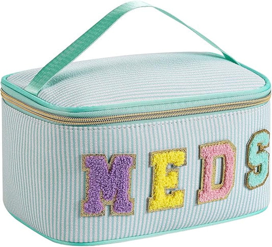 Chenille Letter MEDS Makeup Bag,Large Size Striped Medicine RX Cosmetic Bag with Top Handle, Aesthetic Seersucker First Aid Travel Organizer Bag for Women Girls(02Light Green)