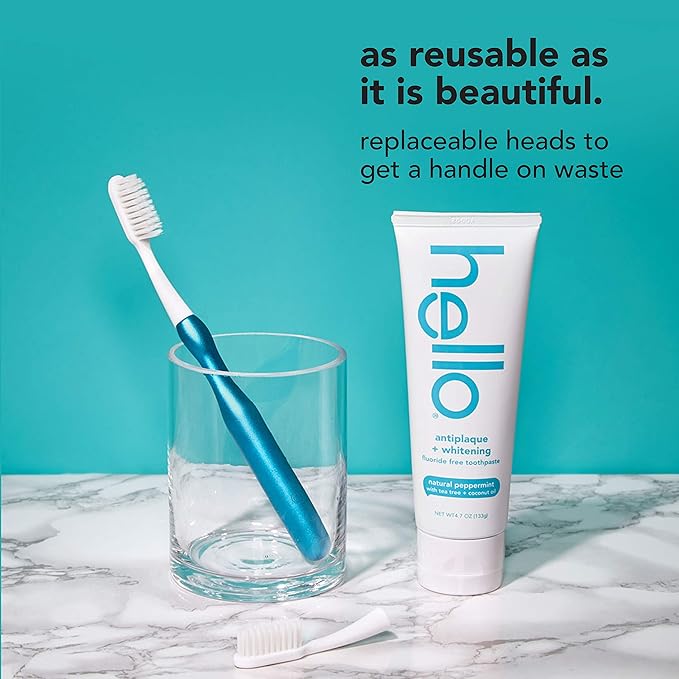 hello Manual Adult Blue Toothbrush Replacement Head Refills, Soft Tapered Bristles, BPA Free, 2 count, 4 Toothbrush Refill Heads