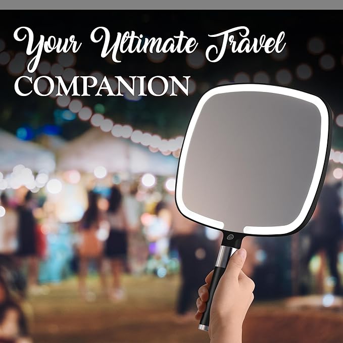 MIRRORVANA Lighted Travel Makeup Mirror - 2 in 1 Handheld & Tabletop LED Mirror with 3 Light Modes, Detachable Stand, and Comfy Handle - 9" x 13" (Black)