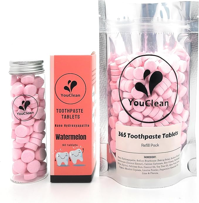 90 Toothpaste Tablets in Refill/Recycle Glass Tube - for Travel and Daily Home Office Use - Nano Hydroxyapatite, Fluoride-Free, Vegan (Watermelon90)