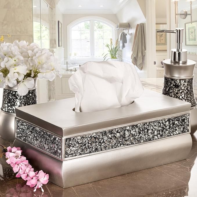 Crackled Glass Silver Tissue Box Cover Rectangular - Decorative Bling Tissue Box Holder with Beautiful Mosaic Glass - Elegant Tissue Holder for Bathroom with Durable Bottom Slider (Silver Collection)