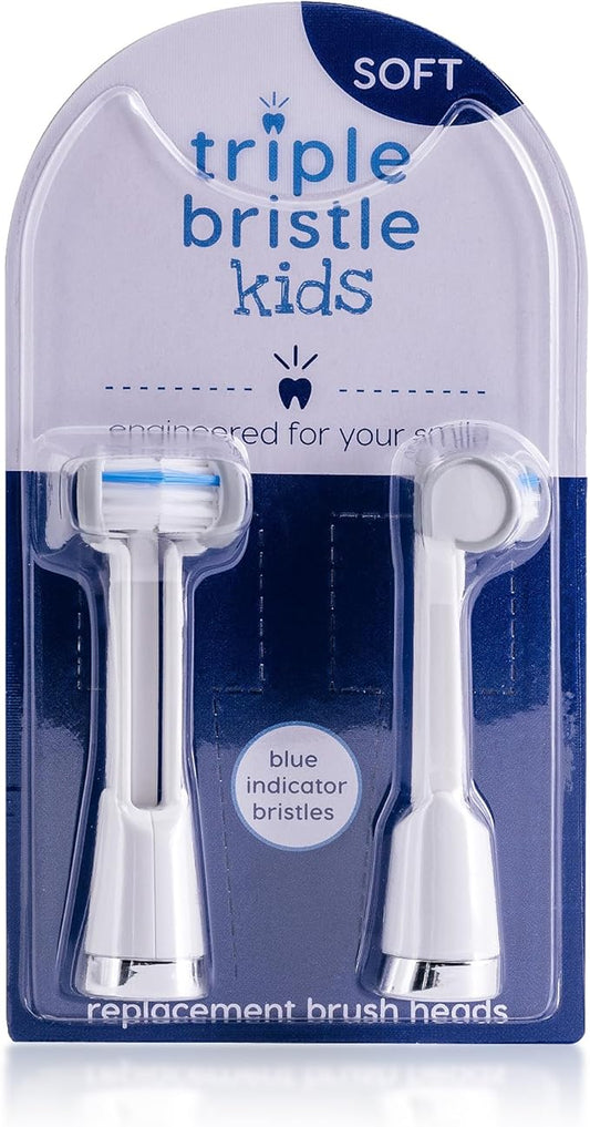Triple Bristle Kids Sonic Toothbrush | 2 Pack Replacement Head Refill | 3-Sided Brushing to Clean Teeth and Gums | Dentist Created & Approved | Safe on Braces