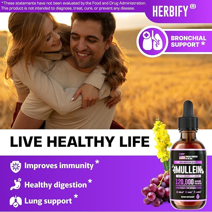 HERBIFY Mullein Drops - Lung Cleanse - Leaf Extract - Powerful Mullein for Immune Support, Detox & Respiratory Support - Made in USA - Herbal Supplements - 4 Oz Grape Flavor