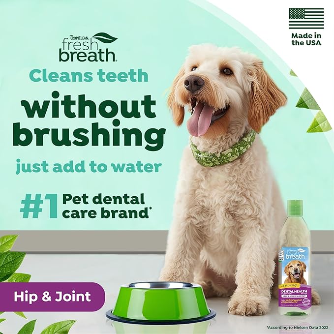 TropiClean Fresh Breath Water Additive for Dogs with Glucosamine, Hip and Joint Support for Dogs, Breath Freshener & Teeth Cleaning Solution, 16oz.